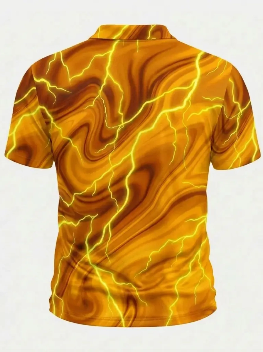 Moisture Wicking Golf Polo 3D Golden Yellow Marble Lightning Print Button Short Sleeve Golf Polo Shirt
