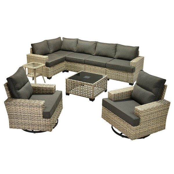 OVIOS 9 Pieces T shaped Seat Wide Armrest Swivel Chair Set With SolarPowered Table