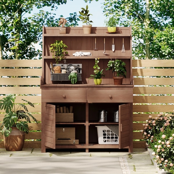 65'' Patio Garden Potting Bench Table Fir Wood Workstation with Storage Shelf,Drawer and Cabinet