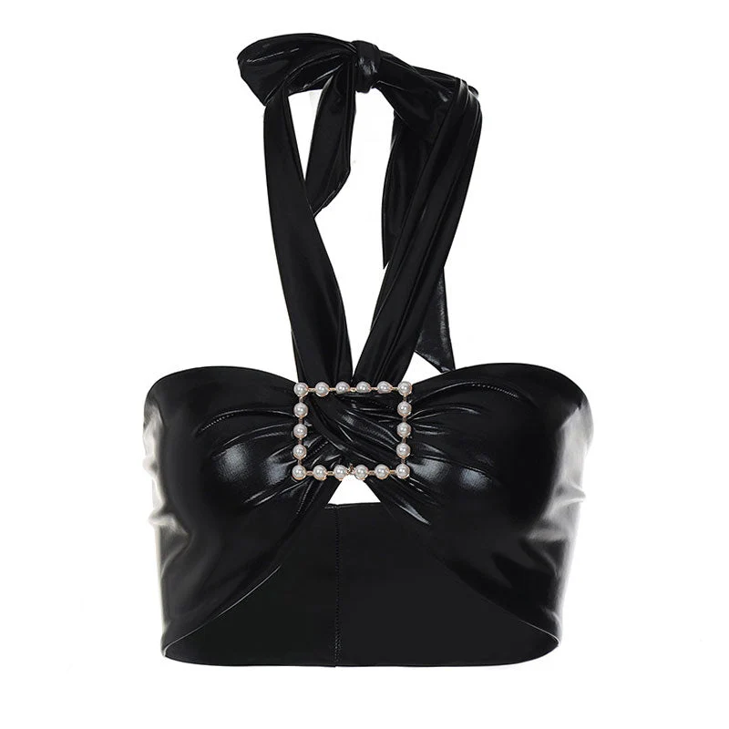 Pearl Buckle Halter Crop TopClistos
