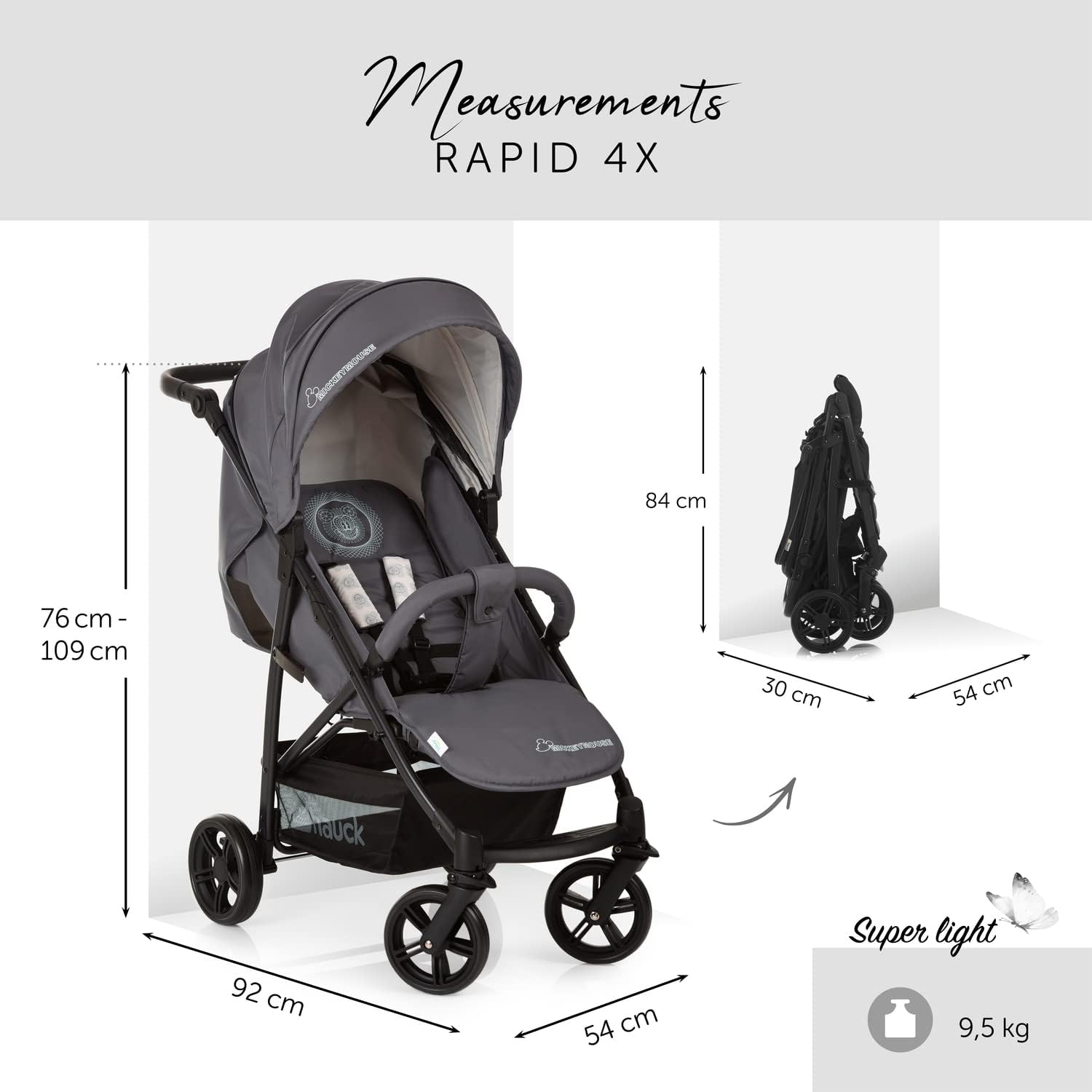 4X Carrito Bebe, desde el Nacimiento hasta 25 kg, Silla de Paseo Ligera, Silla Bebe, Reclinable, Plegable, Compacta, Mickey Mouse Gris