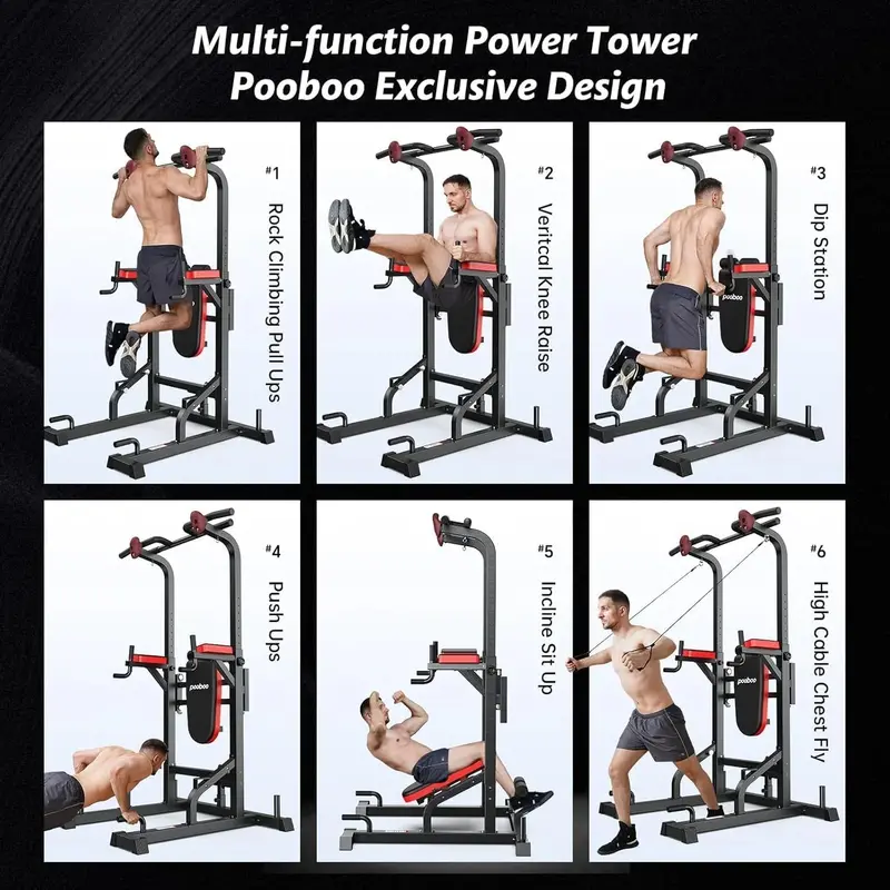 Pooboo Adjustable Power Tower – Dip Station, Pull-Up Bar & Decline Bench in One