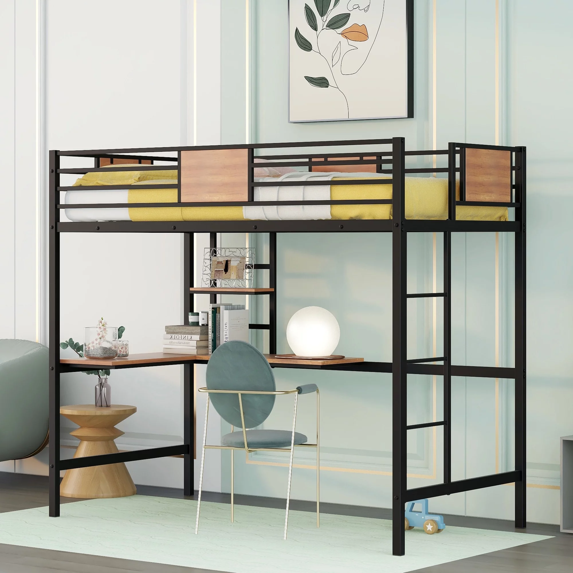iRerts Metal Loft Bed with Desk, Twin Size Loft Bed Frame with Full-length Safety Guard Rail and Shelves for Teens Junior Adults, Easy to Build, Black
