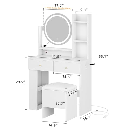 DWVO Vanity Desk with Mirror and Lights, Makeup Vanity Table Set with Power Outlets and Chair, 3 Lighting Colors, Makeup Desk with 3 Drawer and Lots Storage Shelves for Bedroom, Black Dressing Table