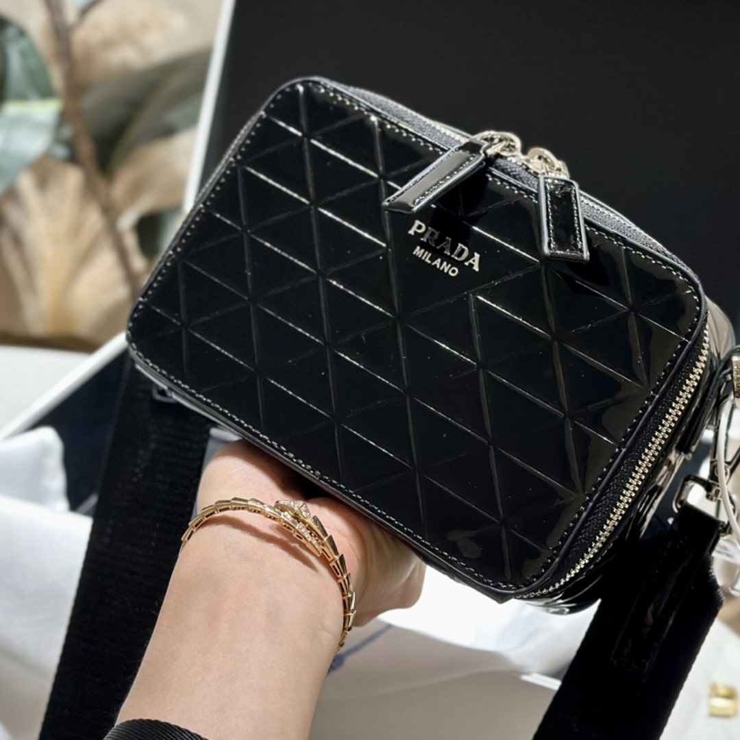 Prada Brique Brushed Leather Bag With Triangle Motif Black 18Cm