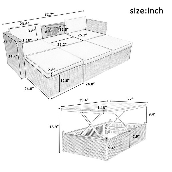5Piece Patio Wicker Sofa with Adustable Backrest,Cushions,Ottomans and Lift Top Coffee Table