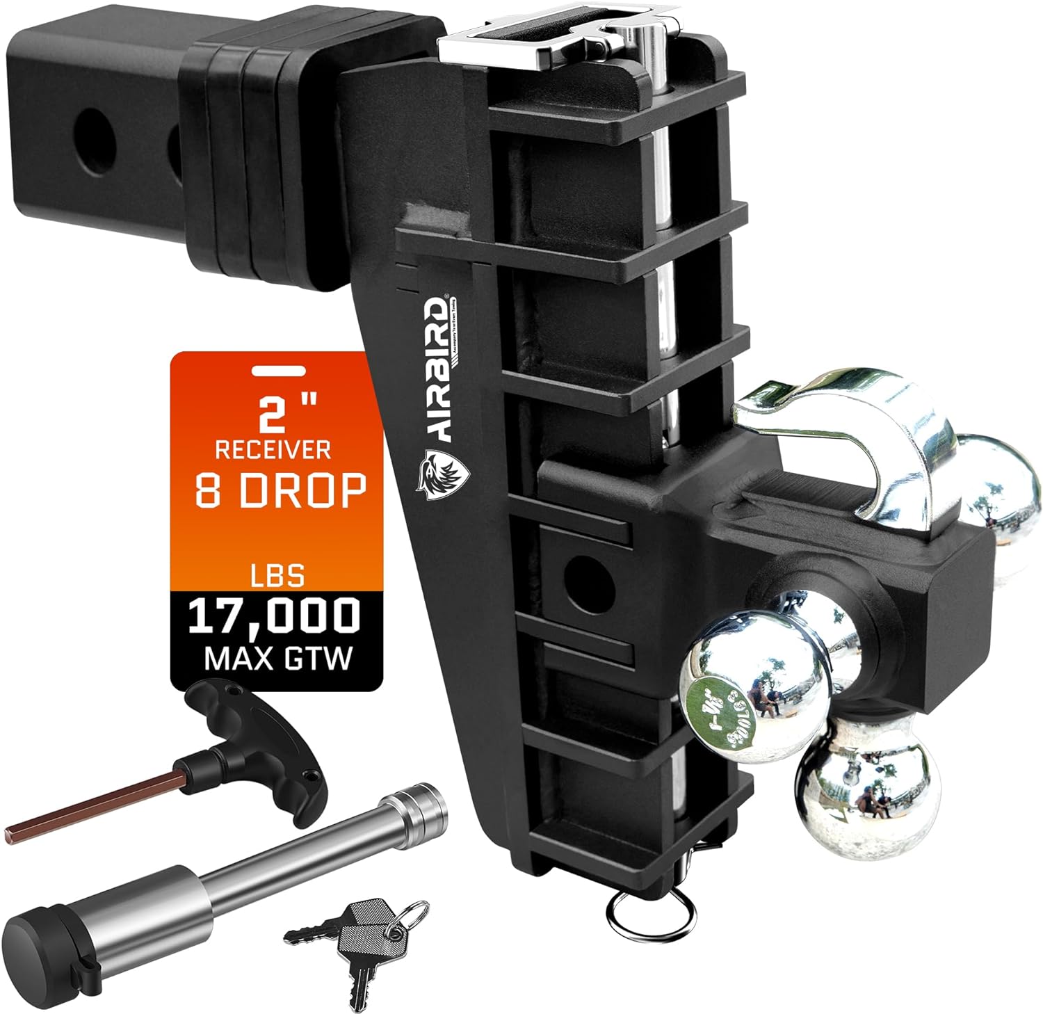 Adjustable Trailer Hitch Fits 2-Inch Receiver, Heavy Duty Tow Hitches (17000 LBS GTW) 6 Inch Drop Truck Hitch Tri-Ball Mount with Hook (1-7/8