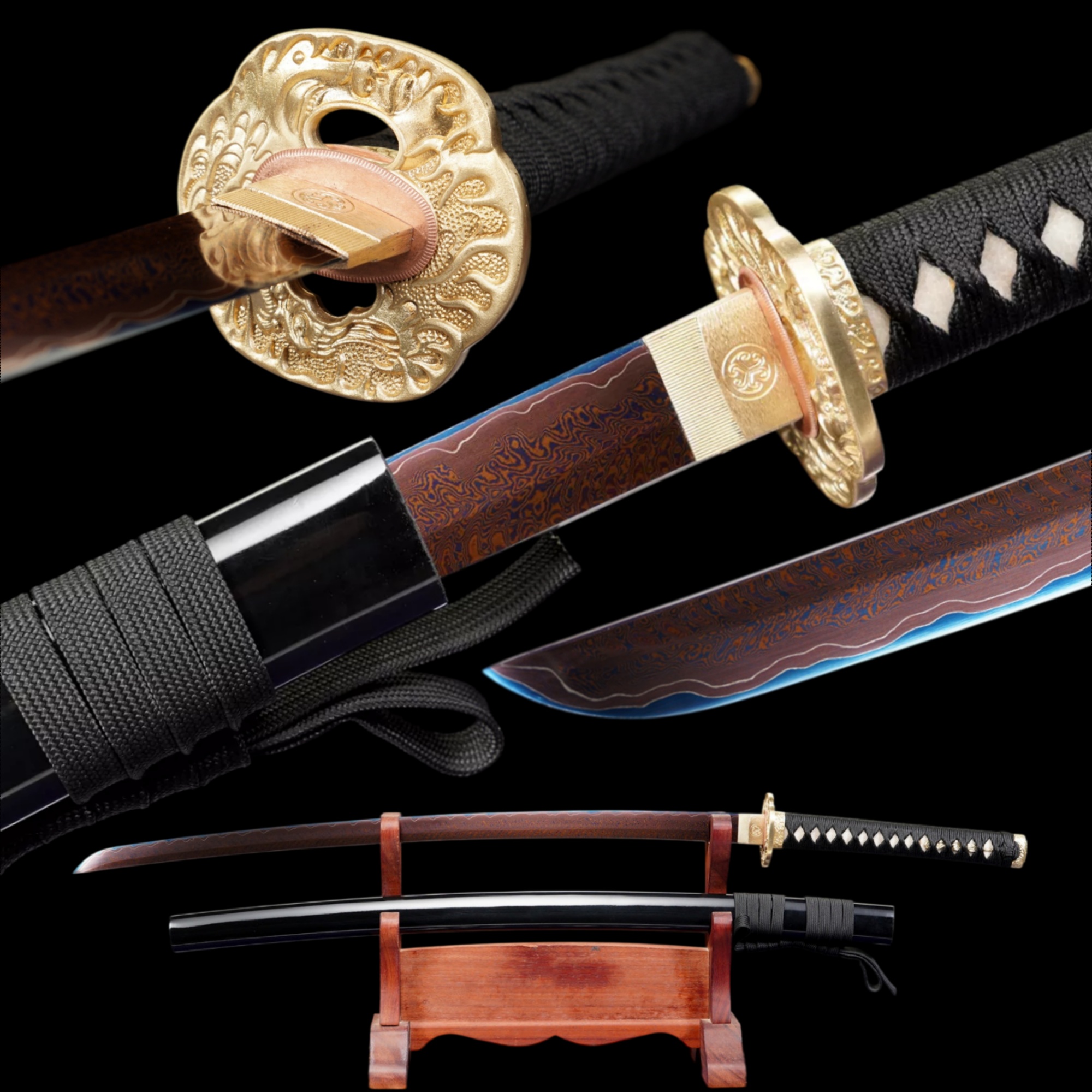 Handmade Katana Damascus Sanmai Blue Blade Phoenix Tail Copper Tsuba Full Tang