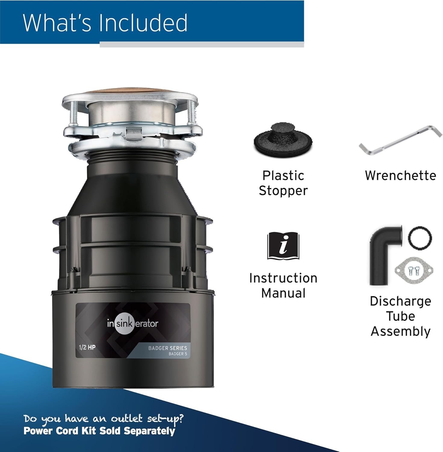 Garbage Disposal, Standard Series 1/2 HP Continuous Feed Food Waste Disposer, Black, Set of 1