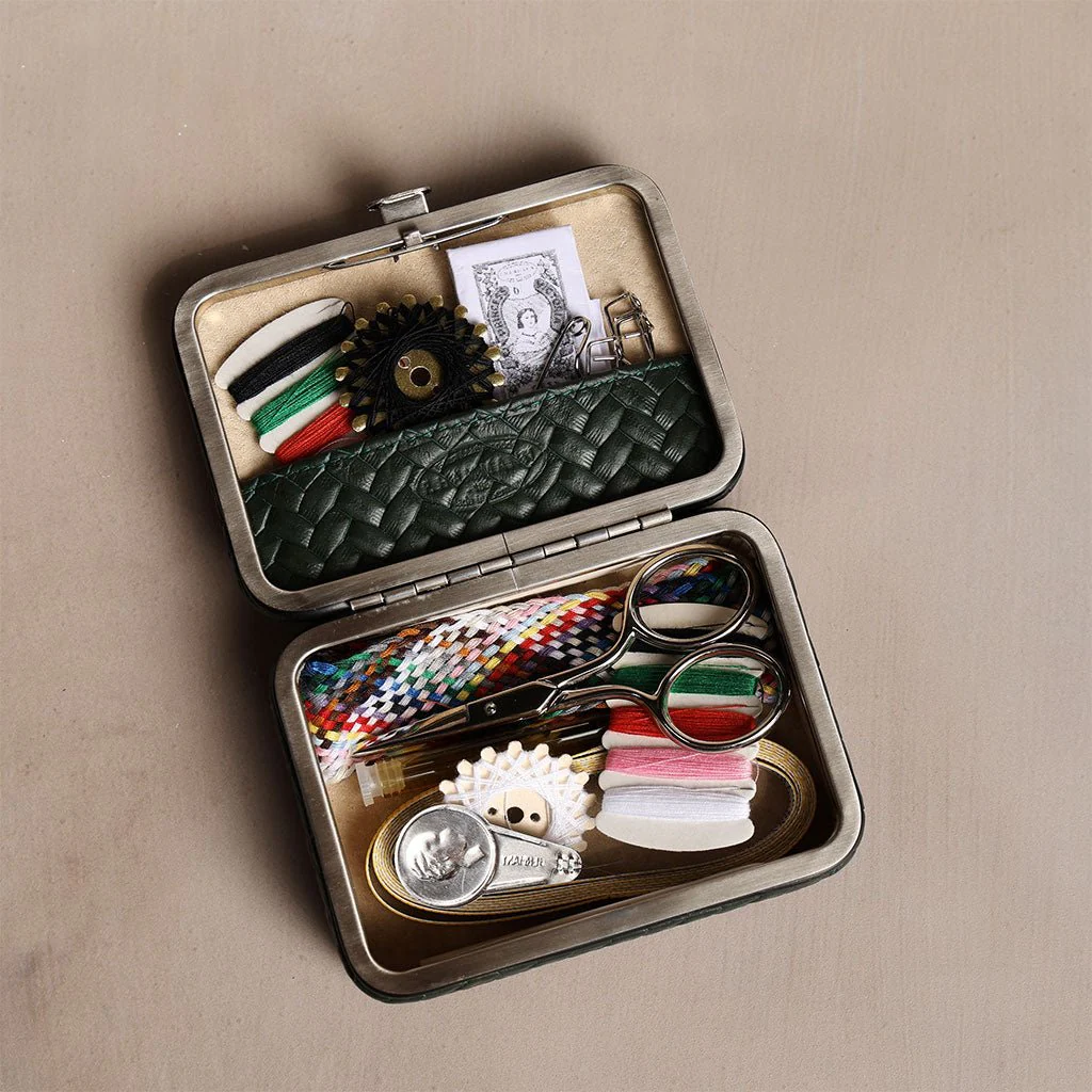 Green Leather Framed Sewing Set
