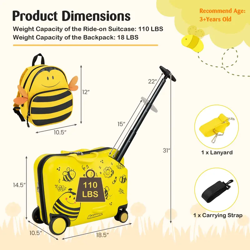 Two-Piece Kids’ Luggage Set – 18″ Carry-On + Ride-On Suitcase with 360° Spinner Wheels