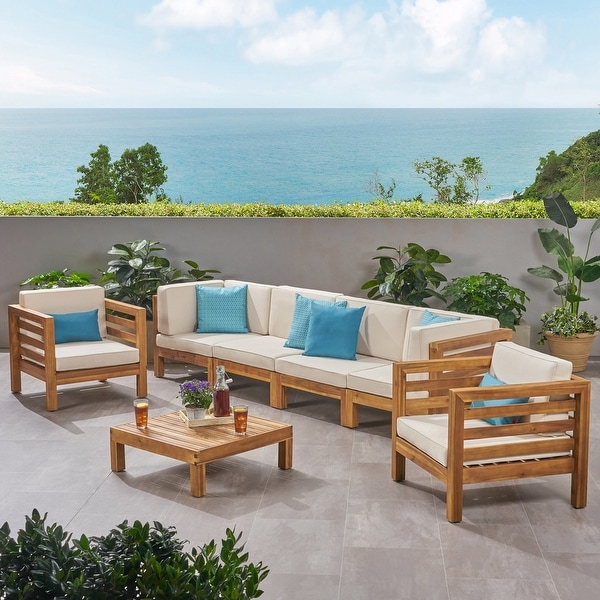 Oana Outdoor 6seat Acacia Wood Sofa and Club Chair Chat Set by Christopher Knight Home