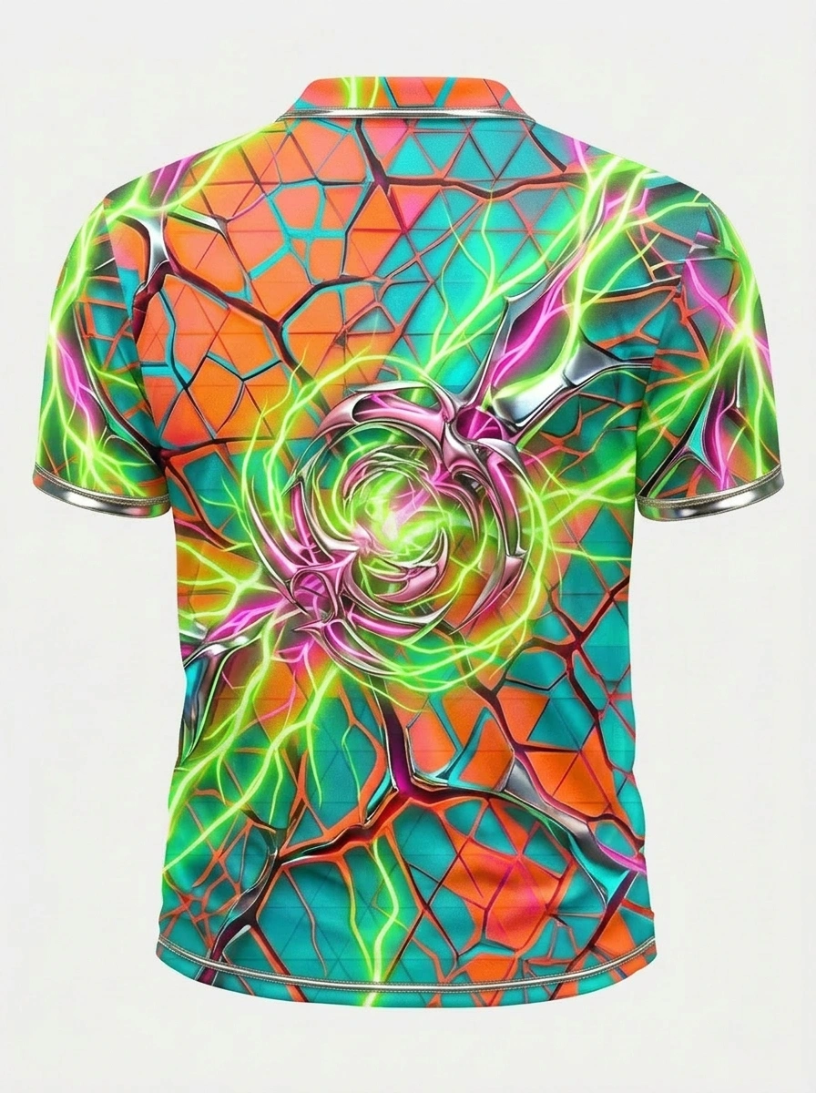 Moisture Wicking Golf Polo 3D Orange Teal Cracked Lightning Button Short Sleeve Golf Polo Shirt