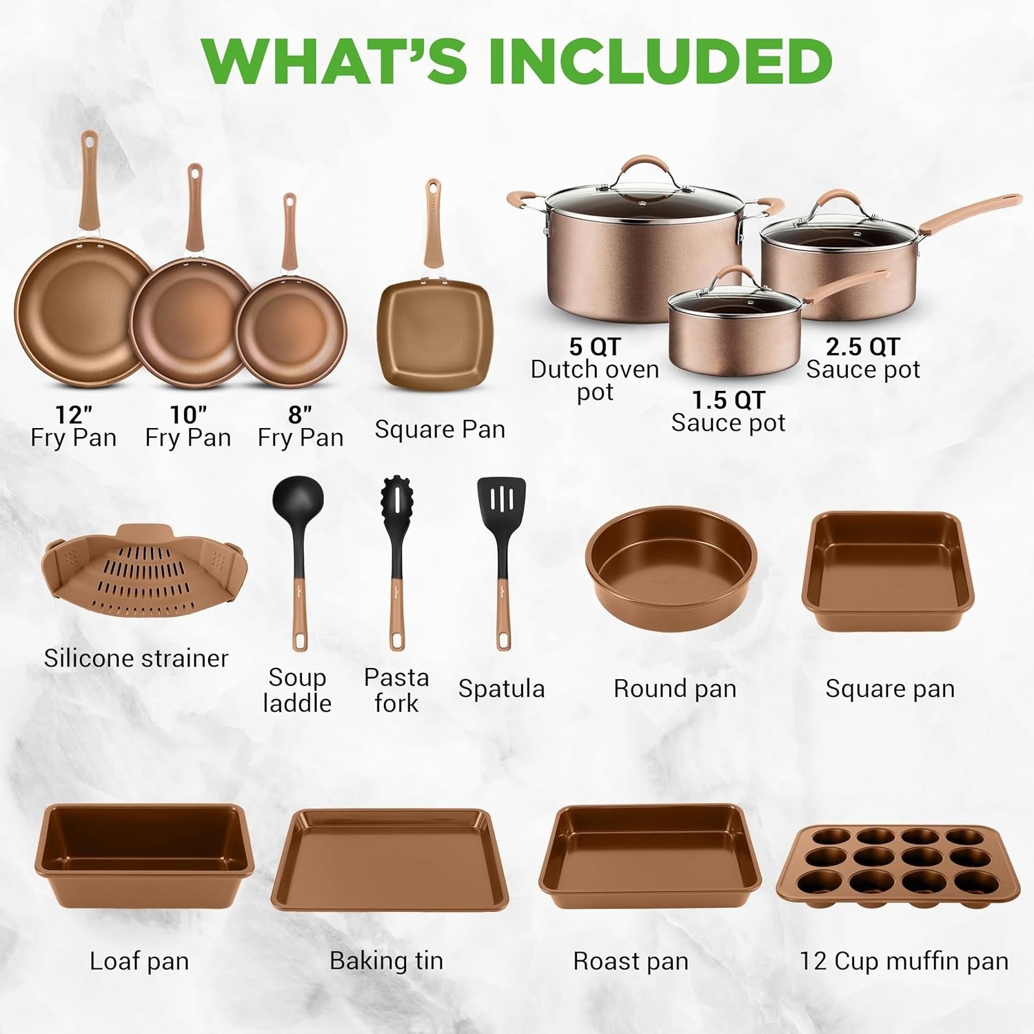 20-Piece Nonstick Induction Cookware Set PFAS-Free Shiny Golden with Bakeware & Utensils