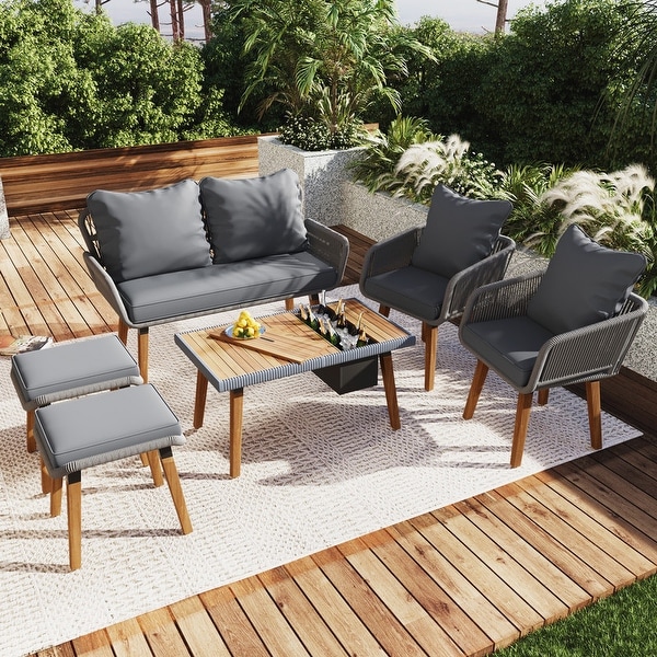 6Piece Rope Patio Furniture Set,Outdoor Deep Seat Conversation Set with Two Stools
