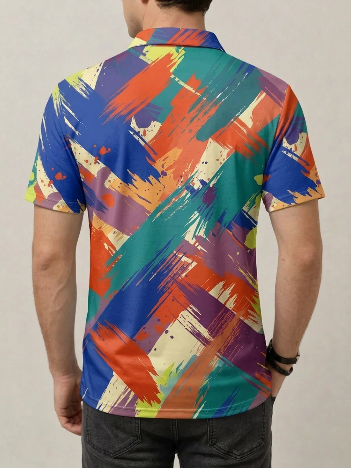 Multicolor Abstract Brushstroke Print Short Sleeve Golf Polo Shirt