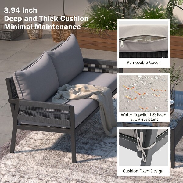 4Piece Rope Patio Furniture Set with Tempered Glass Table