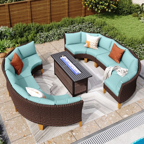 611 Piece Patio Outdoor Wicker Sectional Sofa Furniture Set with Fire Pit Table
