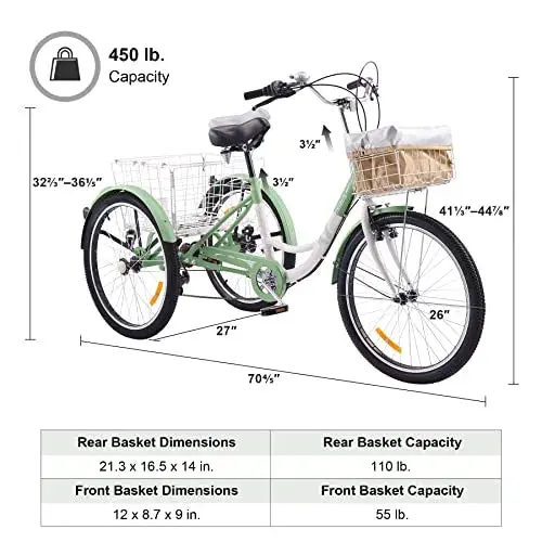Viribus 7-Speed Adult Tricycle – 24″ 3-Wheel Cruiser with Front & Rear Baskets