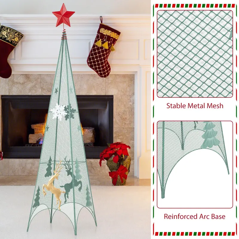 Three-Tier Tower-Style Artificial Christmas Trees — 3 ft, 3.5 ft, and 4 ft Metal Frames with Removable Star Toppers and Mini Reindeer Accents