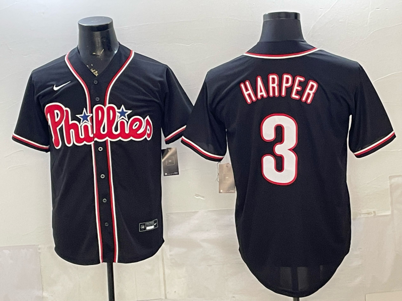 Men's Philadelphia Phillies Bryce Harper #3 Fashion Replica Black Out Jersey
