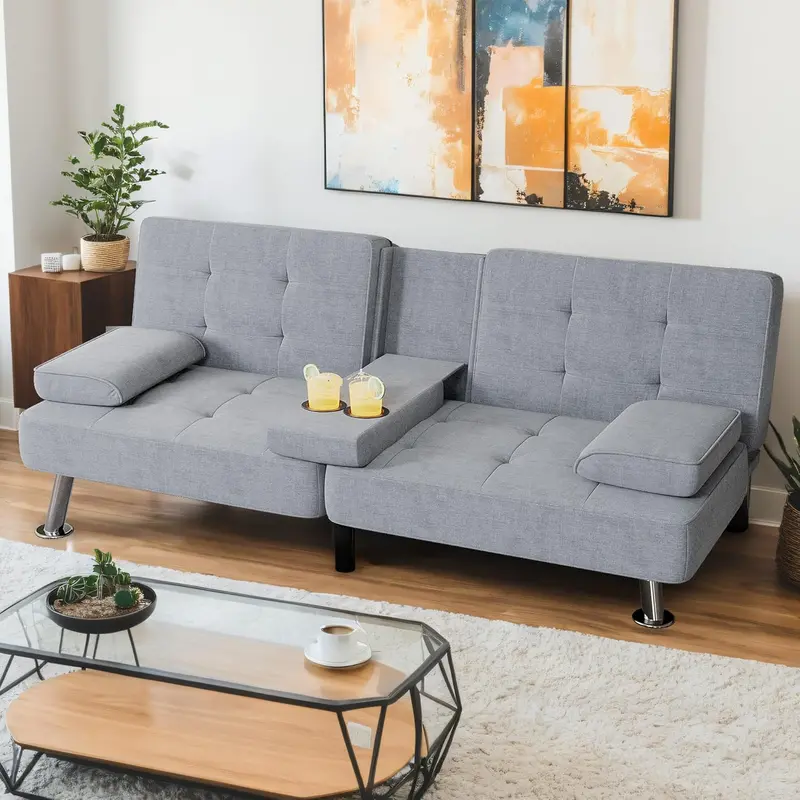Shahoo Linen Upholstered Folding Futon – Modern Sofa Bed with Detachable Armrests
