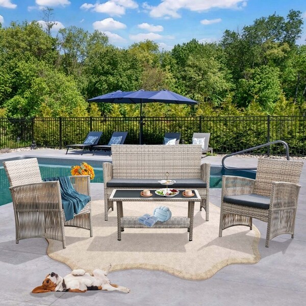 4Piece Rattan Wicker Patio Furniture Conversation Set with Coffee Table Bistro Set,Cushions Included🎃
