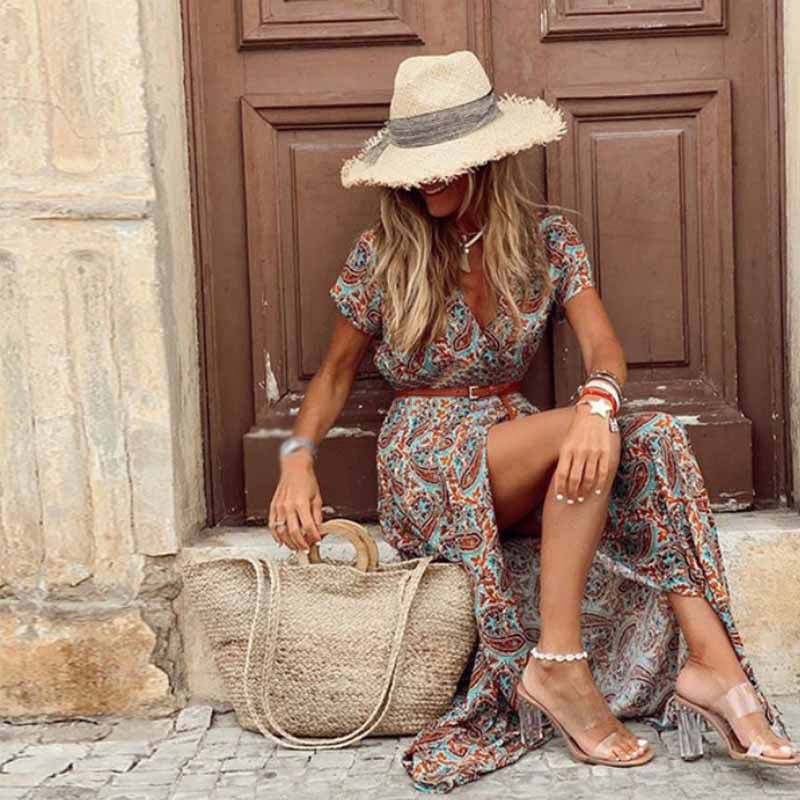 Boho Paisley Maxi Dress with V-Neck & SlitClistos