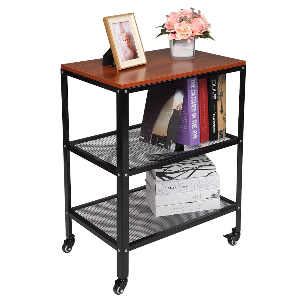 QEEK Serving Cart, 3-Tier Bar Cart on Wheels with Storage and Steel Frame, Microwave Cart, Rolling Kitchen Utility Cart, Standing Bakers Rack Storage Cart for Living Room, 23.6