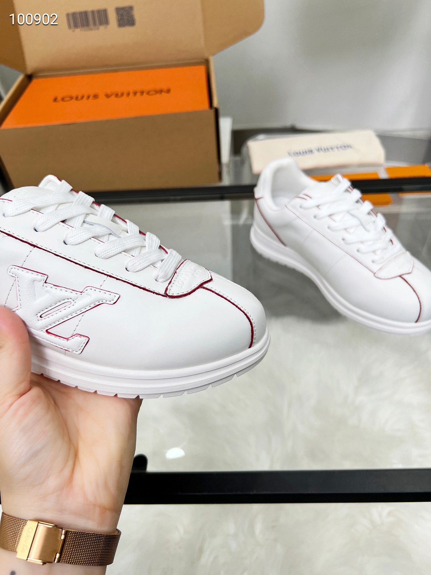 Louis Vuitton LV White Sneakers with Red Stitching – Women’s Shoes