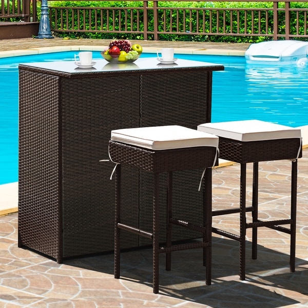 Costway 3PCS Patio Rattan Wicker Bar Table Stools Dining Set Cushioned
