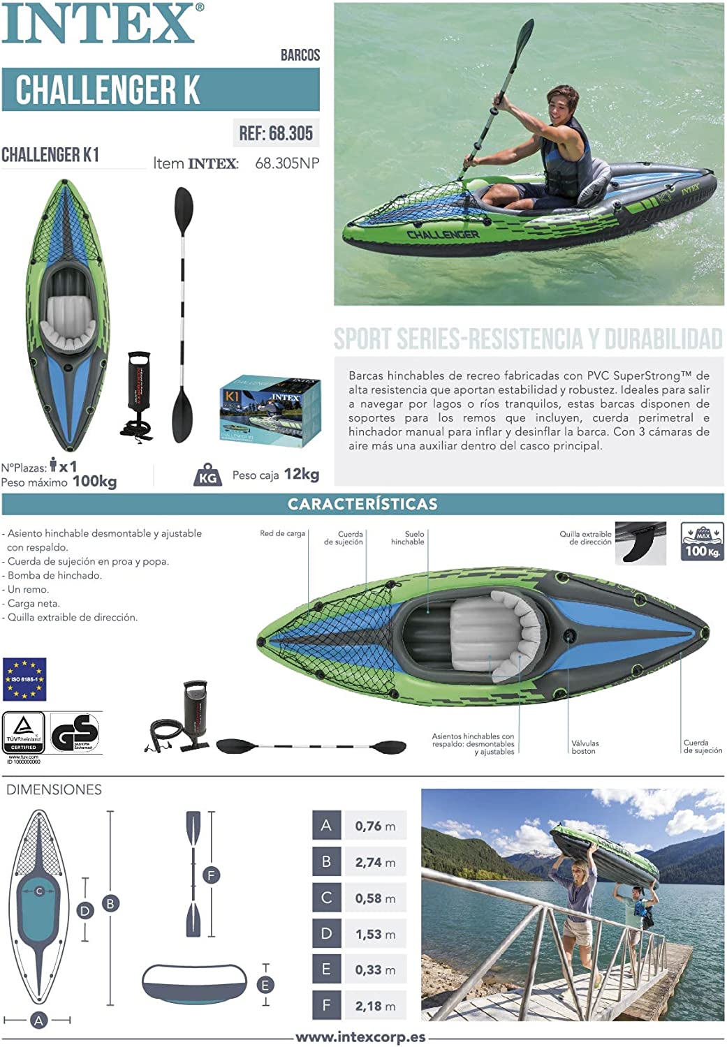 Intex Challenger K1 Kayak, Inflatable Kayak Set with Aluminum Oars and High Output Air-Pump