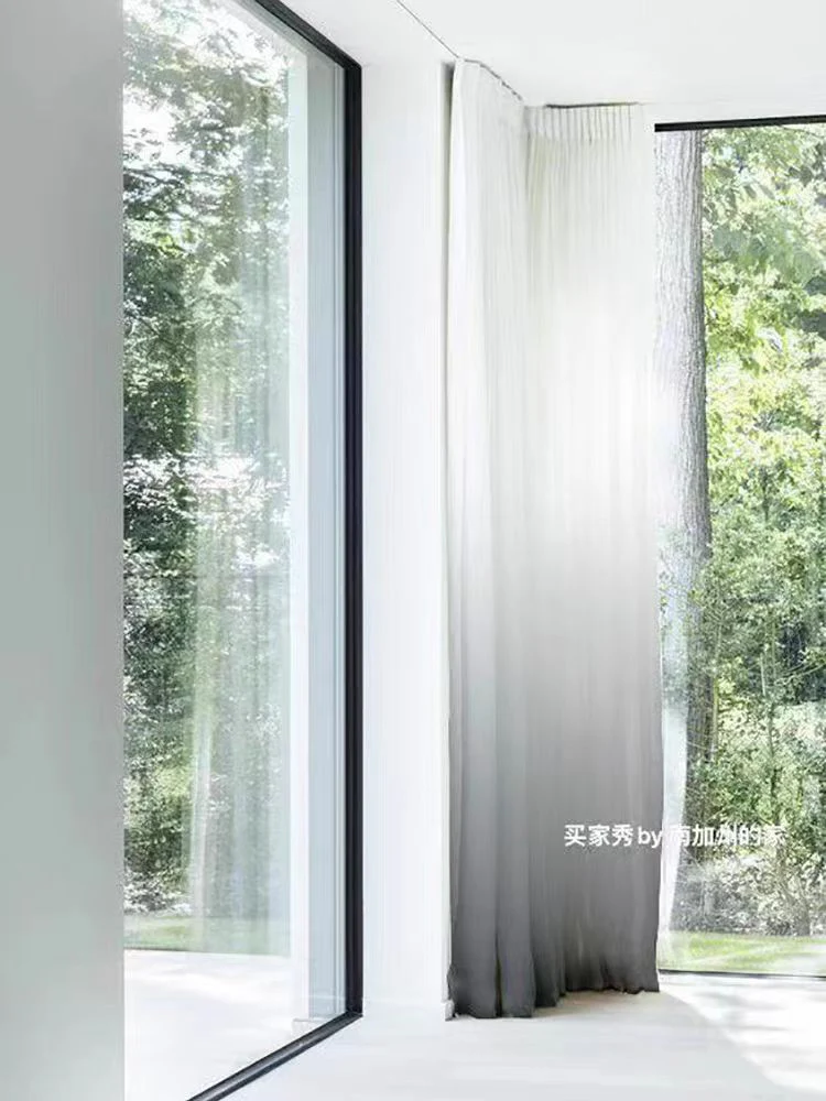 FS010 - Gradient! Mikimot@ Tahitian Pearl Grey Silk Soft Light Living Room Sheer Curtains Translucent Floor-to-Ceiling Window Curtains