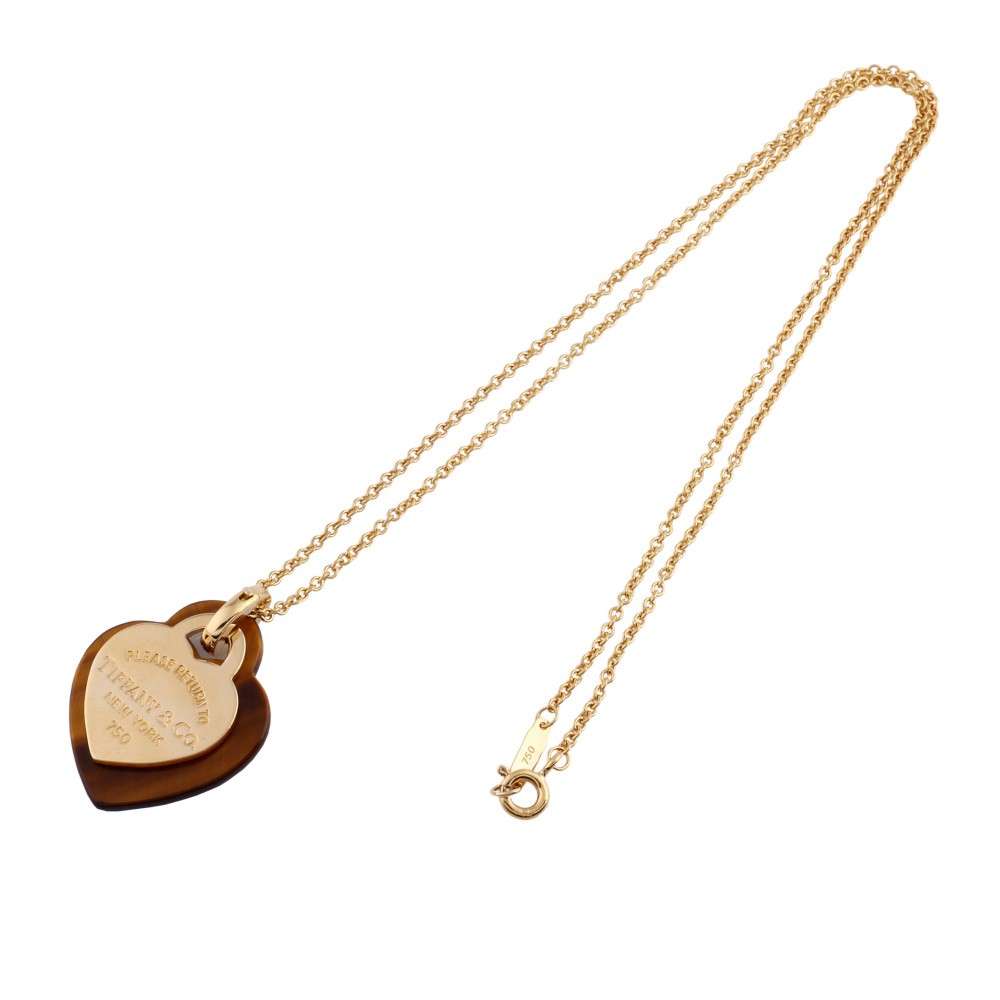 Tiffany & Co. Return To Double Heart Tiger Eye Necklace 18K Yellow Gold