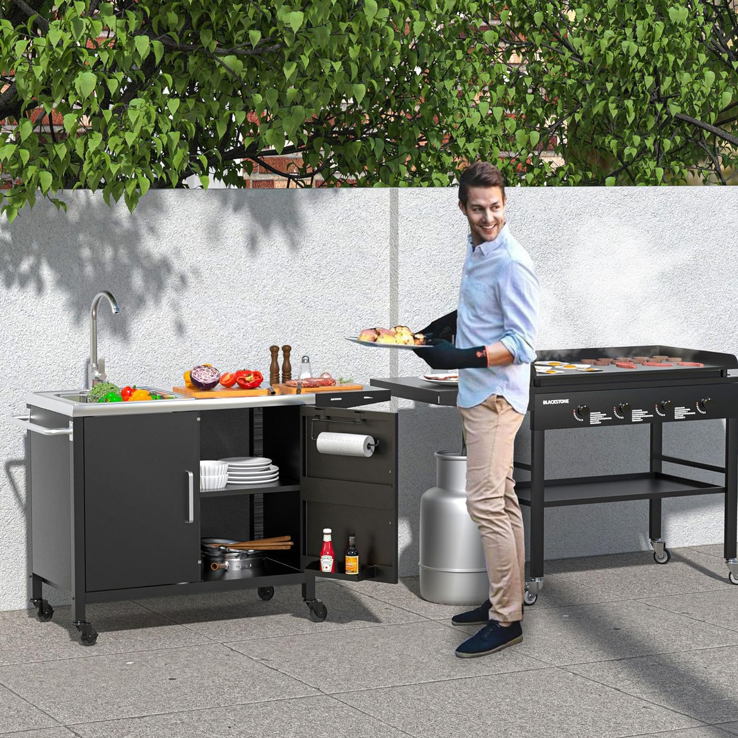 Outdoor Grill Table with Stainless Steel Sink - Metal Grill Cart Kitchen Island