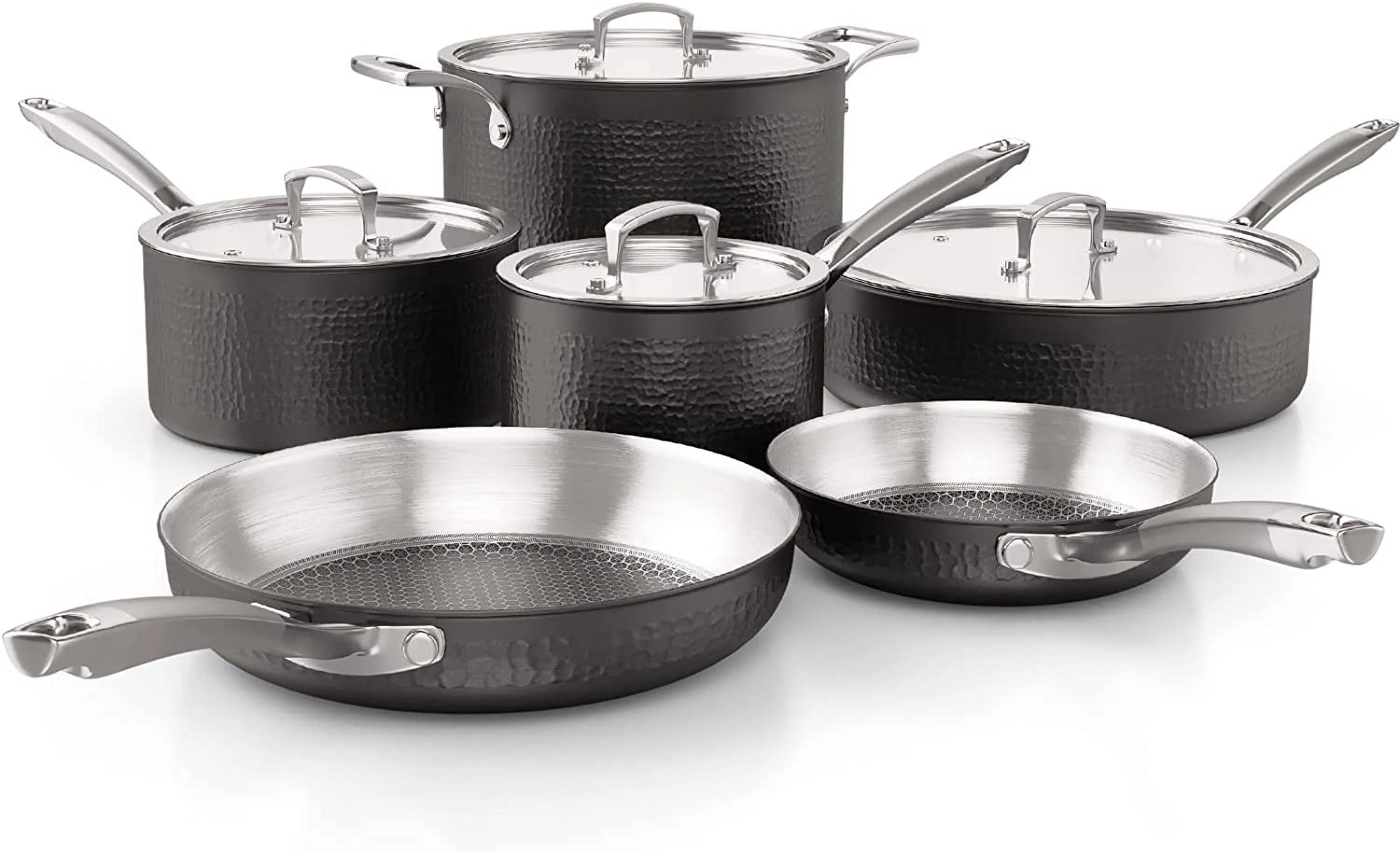 Homaz life Pots and Pans Set  Tri-Ply Stainless Steel Hammered Kitchen Cookware  Induction Compatible  Dishwasher and Oven Safe  Non-Toxic  Professional Grade Cooking Sets  7-Piece  Silve