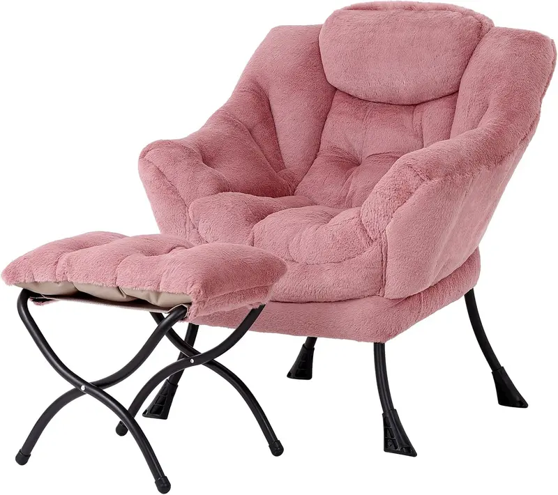 Welnow Modern Lazy Chair with Ottoman – Compact Accent Armchair Featuring Side Pocket and Footrest