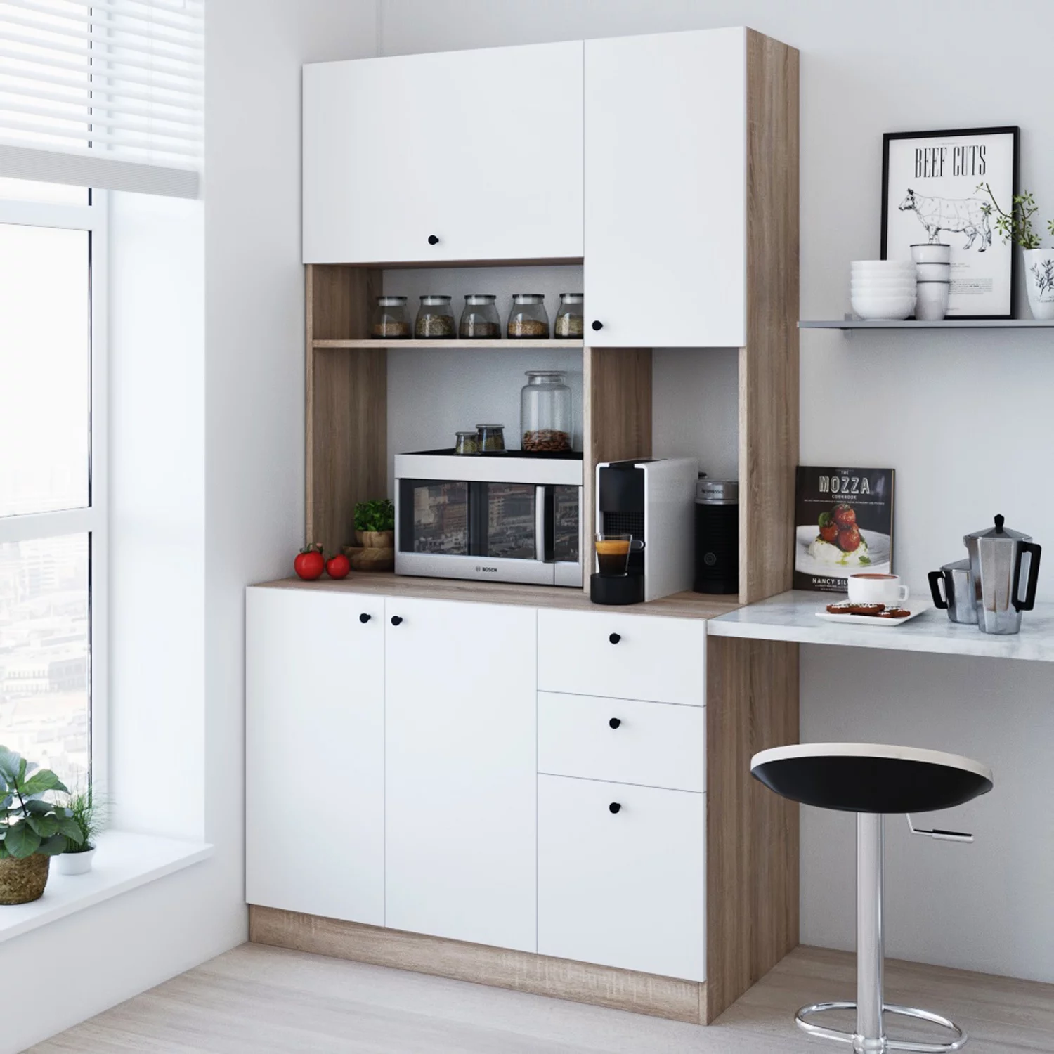 Living Skog 71 in. Pantry Kitchen Storage Cabinet Large Height 71 in. Length 37 in. Width 19 in. White, Beige