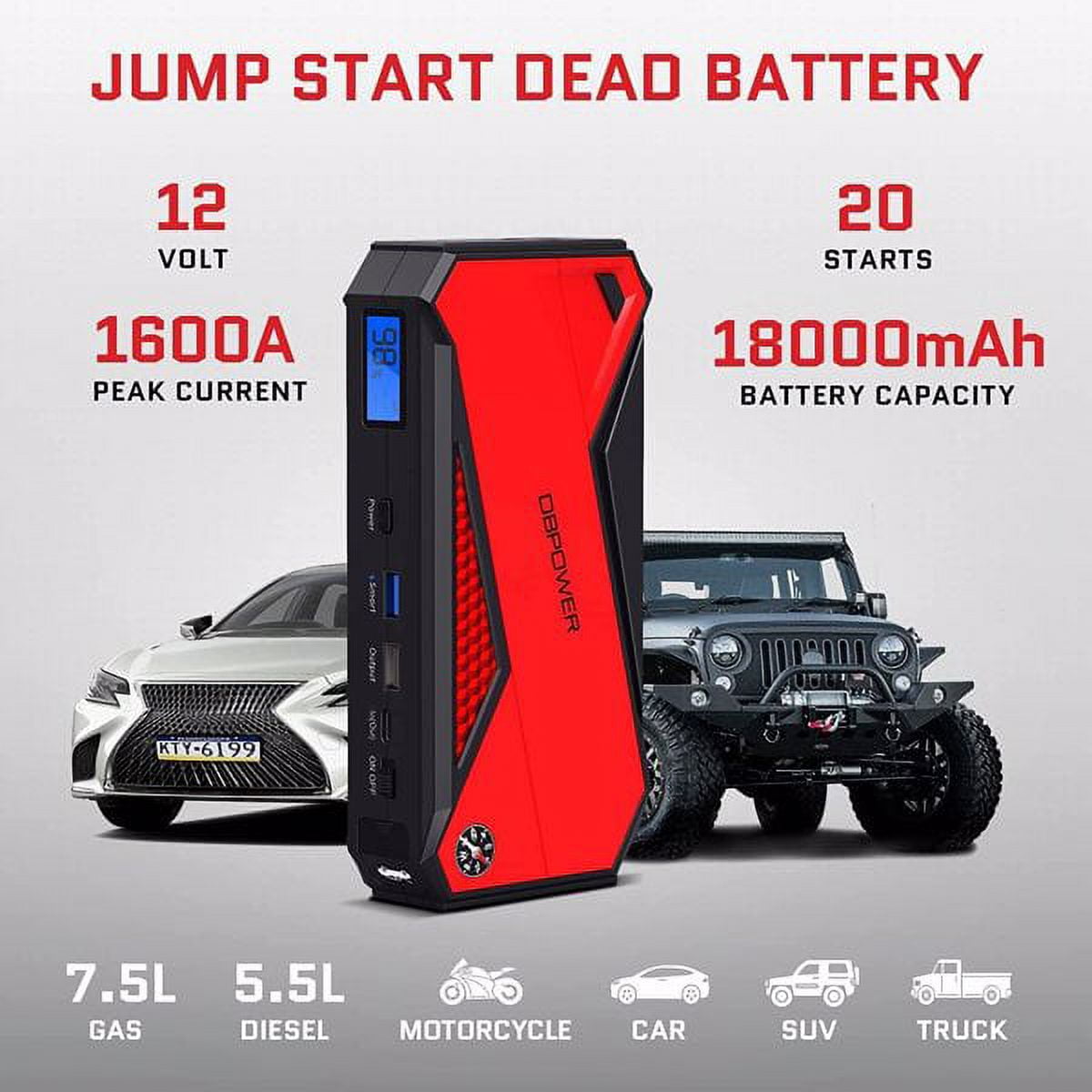 DBPOWER Peak 1600A 18000mAh Car Battery Jump Starter, up to 7.2 Gas, 5.5L Diesel Engines, Portable Battery Booster with Smart Charging Port, LCD Display, Intelligent Jumper Clamps, DJS90, Red Black