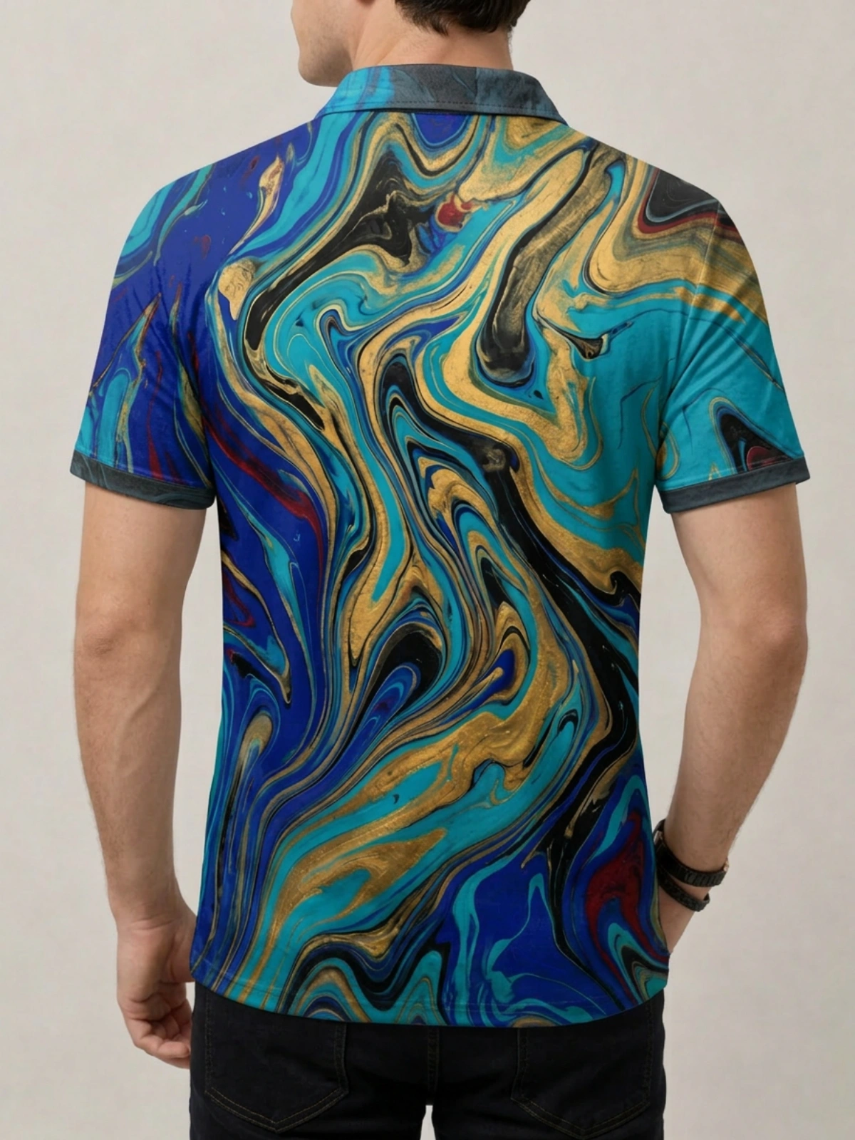 Blue Turquoise Gold Marble Print Short Sleeve Golf Polo Shirt