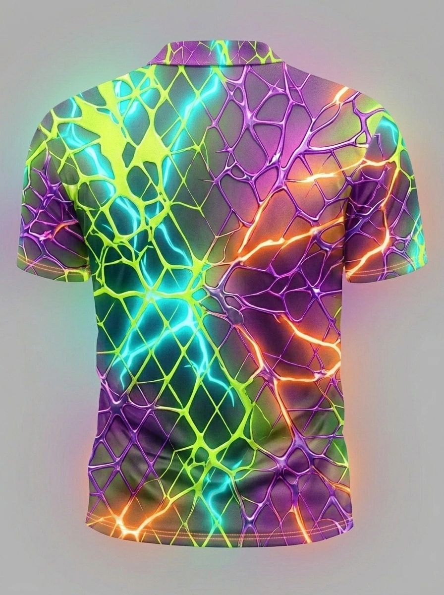 Moisture Wicking Golf Polo 3D Purple Green Cracked Neon Lightning Button Short Sleeve Golf Polo Shirt