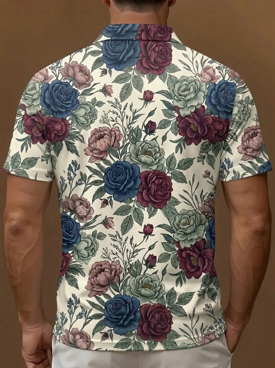 Cream Floral Rose Print Short Sleeve Golf Polo Shirt