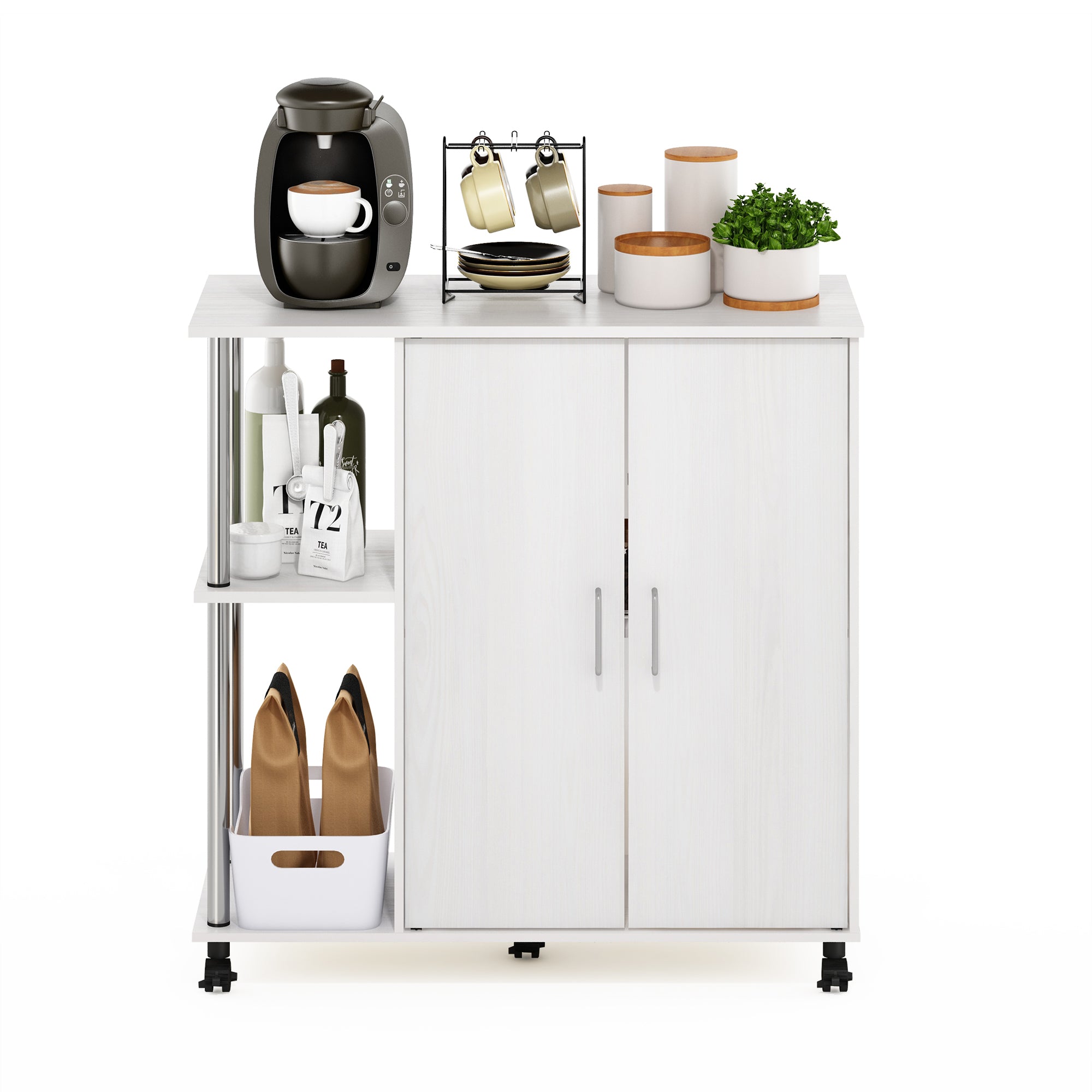 Furinno Helena 3-Tier Utility Kitchen Island and Storage Cart on wheels with Stainless Steel Tubes, White Oak/Chrome