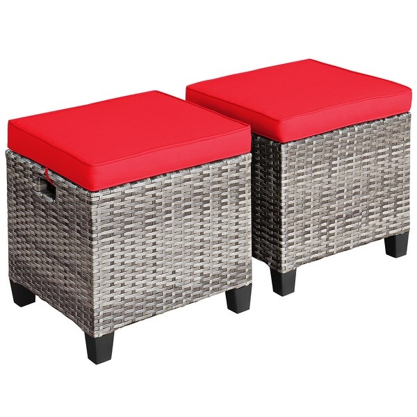 Costway 2PCS Patio Rattan Cushioned Ottoman Seat Foot Rest Table