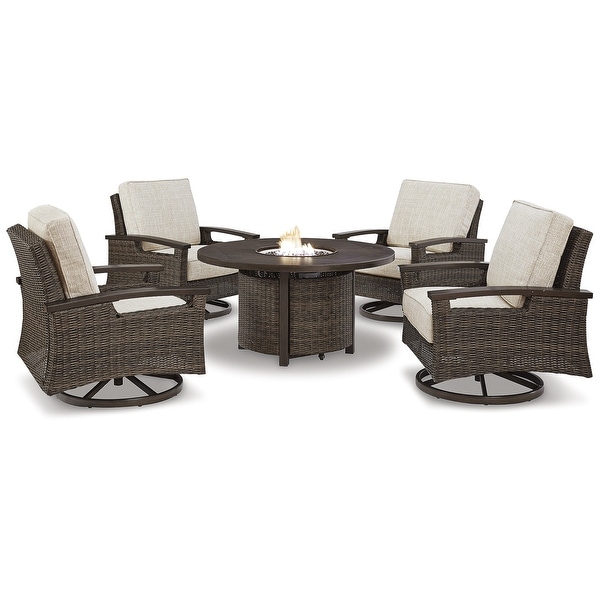 Signature Design by Ashley Paradise Trail Medium Brown/Beige Outdoor Fire Pit Table with 4 Nuvella Swivel Lounge Chairs