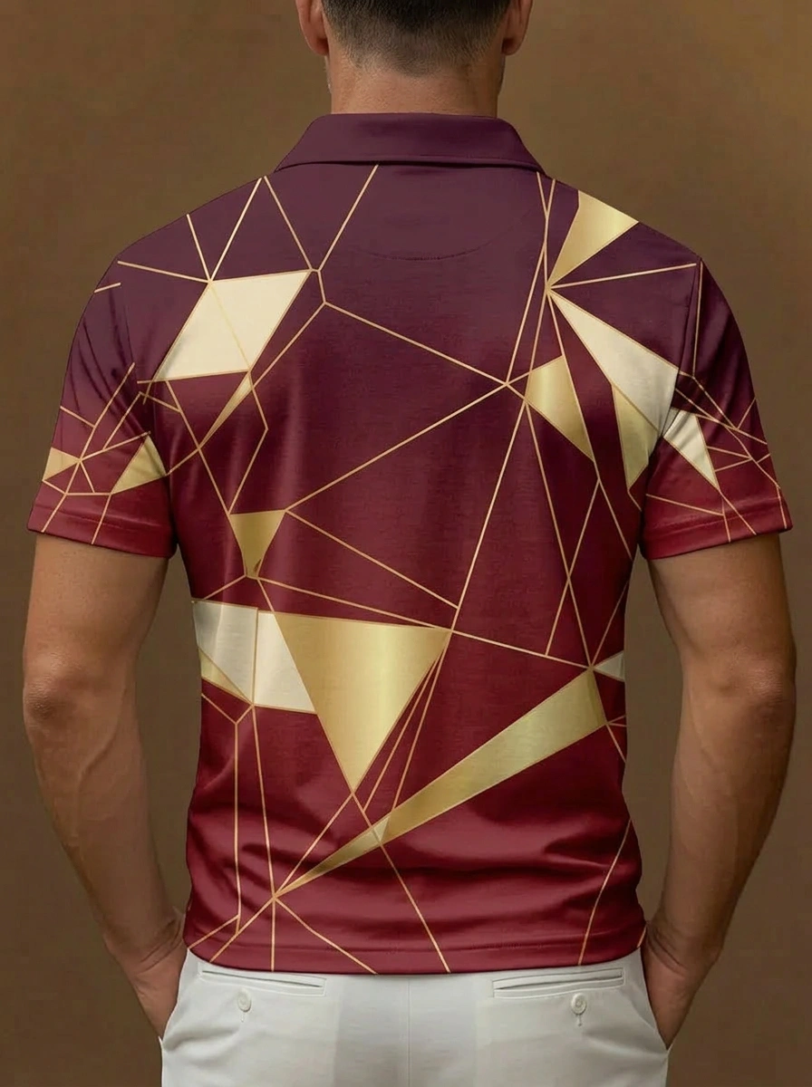 Maroon Gold Geometric Pattern Short Sleeve Golf Polo Shirt