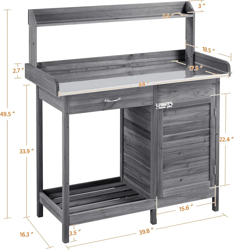 Yaheetech Outdoor Potting Bench – Metal Work Table with Cabinet, Drawer, Open Shelf, and Natural Wood Top