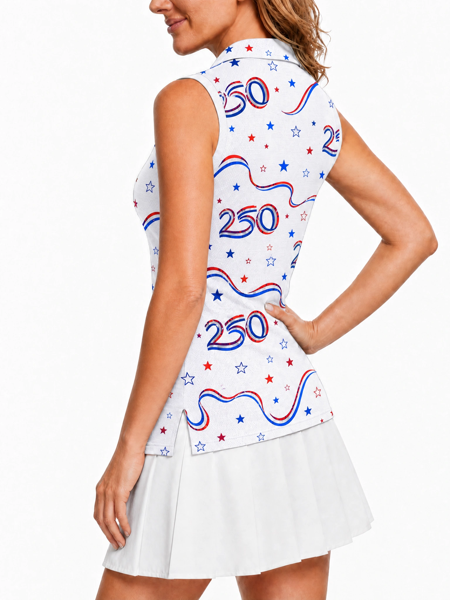 Women Sleeveless Quick Dry Golf Polo Shirt, Red Blue 250 Number Star Ribbon Patriotic Print