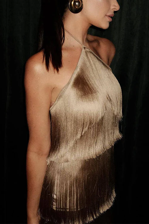 Fringe Halter Tiered Mini Party DressClistos