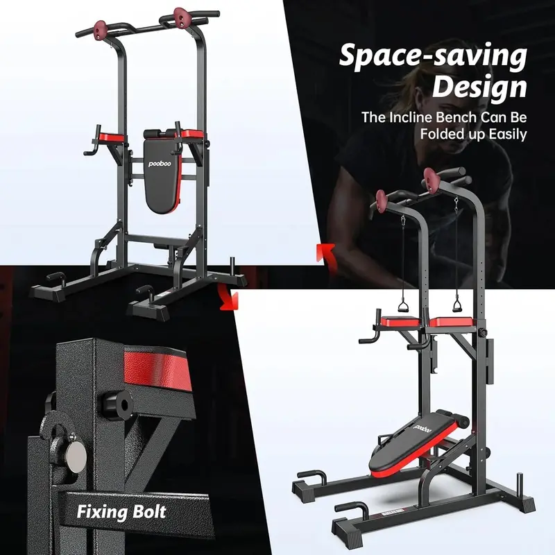 Pooboo Adjustable Power Tower – Dip Station, Pull-Up Bar & Decline Bench in One